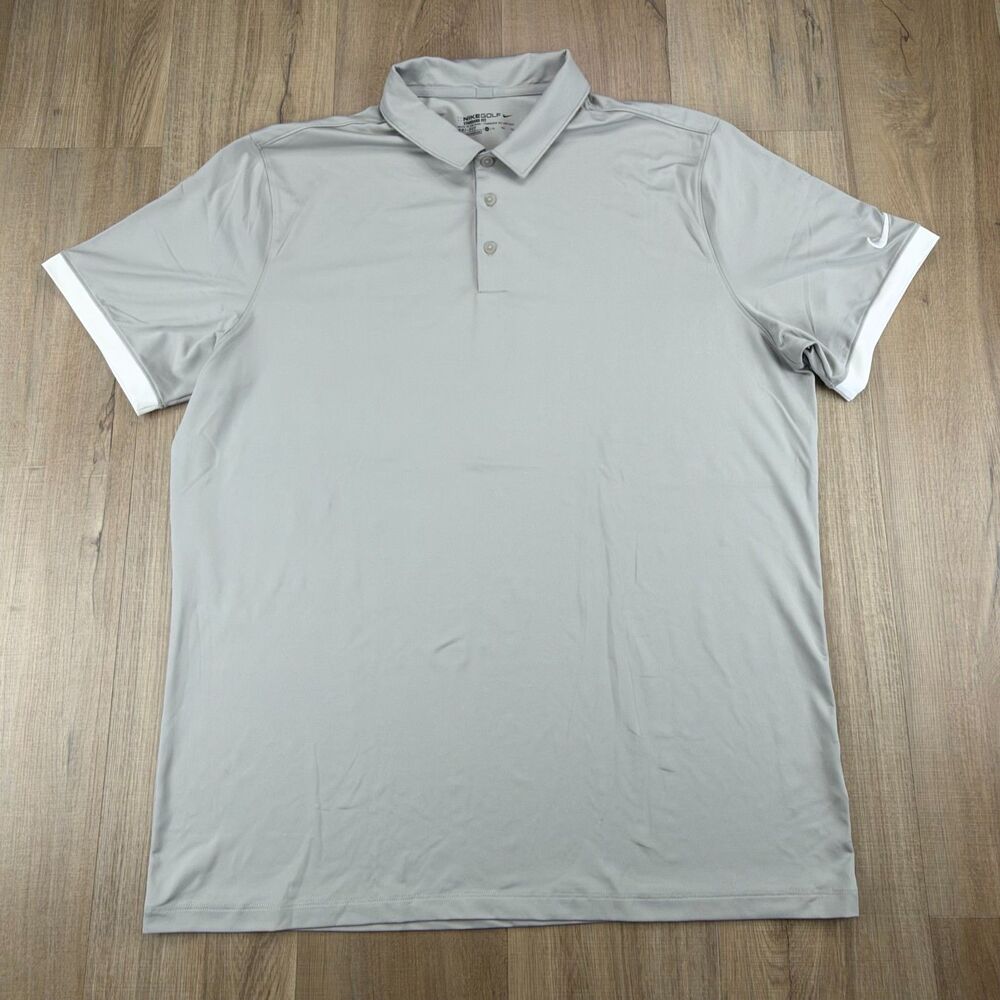 Nike Golf Men's XL Light Gray White Lined Polo Dri-Fit Standard Fit Golf Shirt